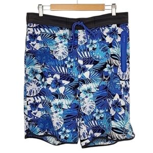 MEXX Men's Swim Trunks Shorts Liner Blue White Tropical Print Mesh Liner Large